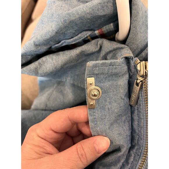 Vintage Liz Claiborne Chambray Jacket Medium Detachable Hood Plaid Lining 90s - Picture 7 of 16